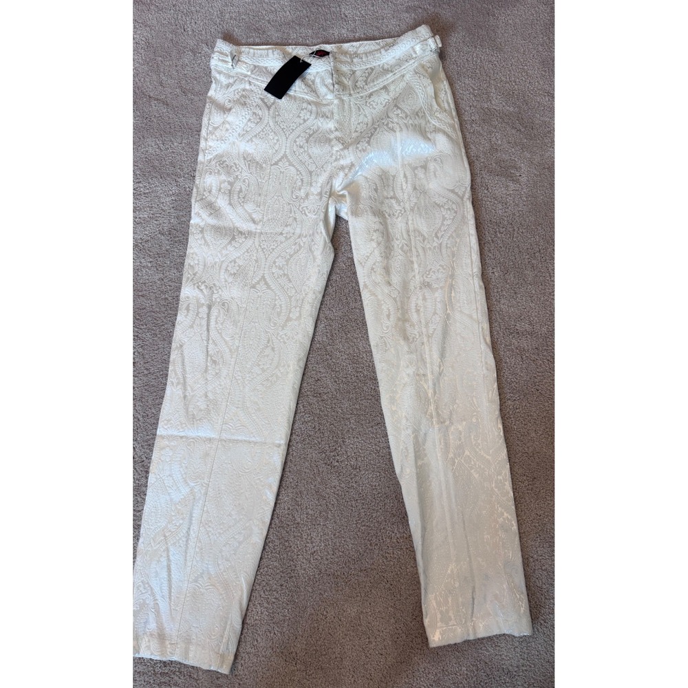 NWT Vatpave Women White Paisley Brocade Straight Leg Dress Pants Silver Button M
